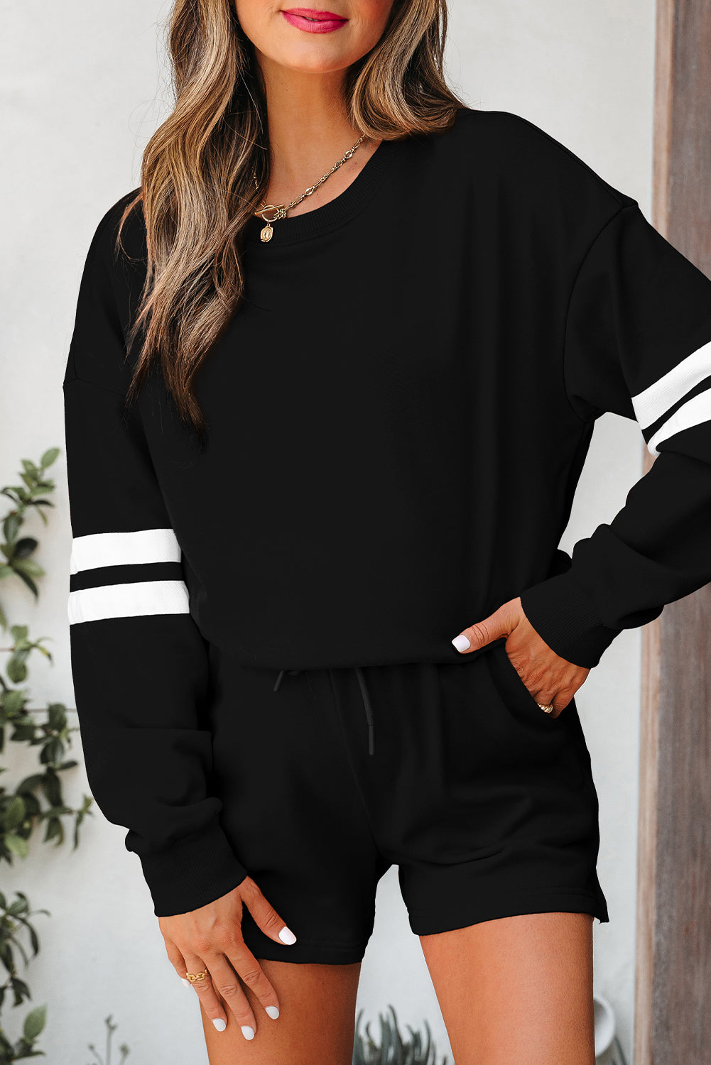 Varsity Striped Sleeve Drop Shoulder Sweatshirt and Short Set