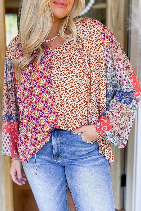 Mixed Floral Printed Long Sleeve Tied V Neck Blouse