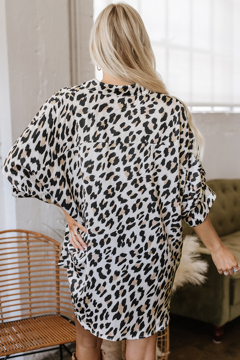 Leopard Print Buttoned 3/4 Sleeve Loose Fit Shirt