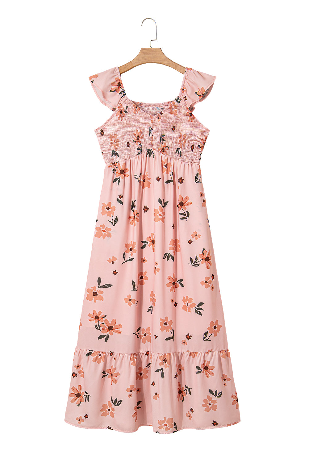 Floral V Neck Smocked High Waist Ruffle Hem Long Dress