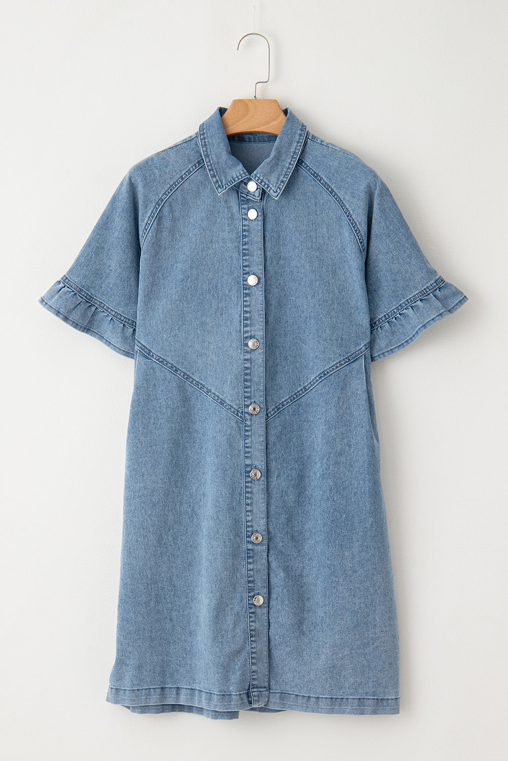 Frilled Short Sleeve Button Up Loose Denim Shirt Dress