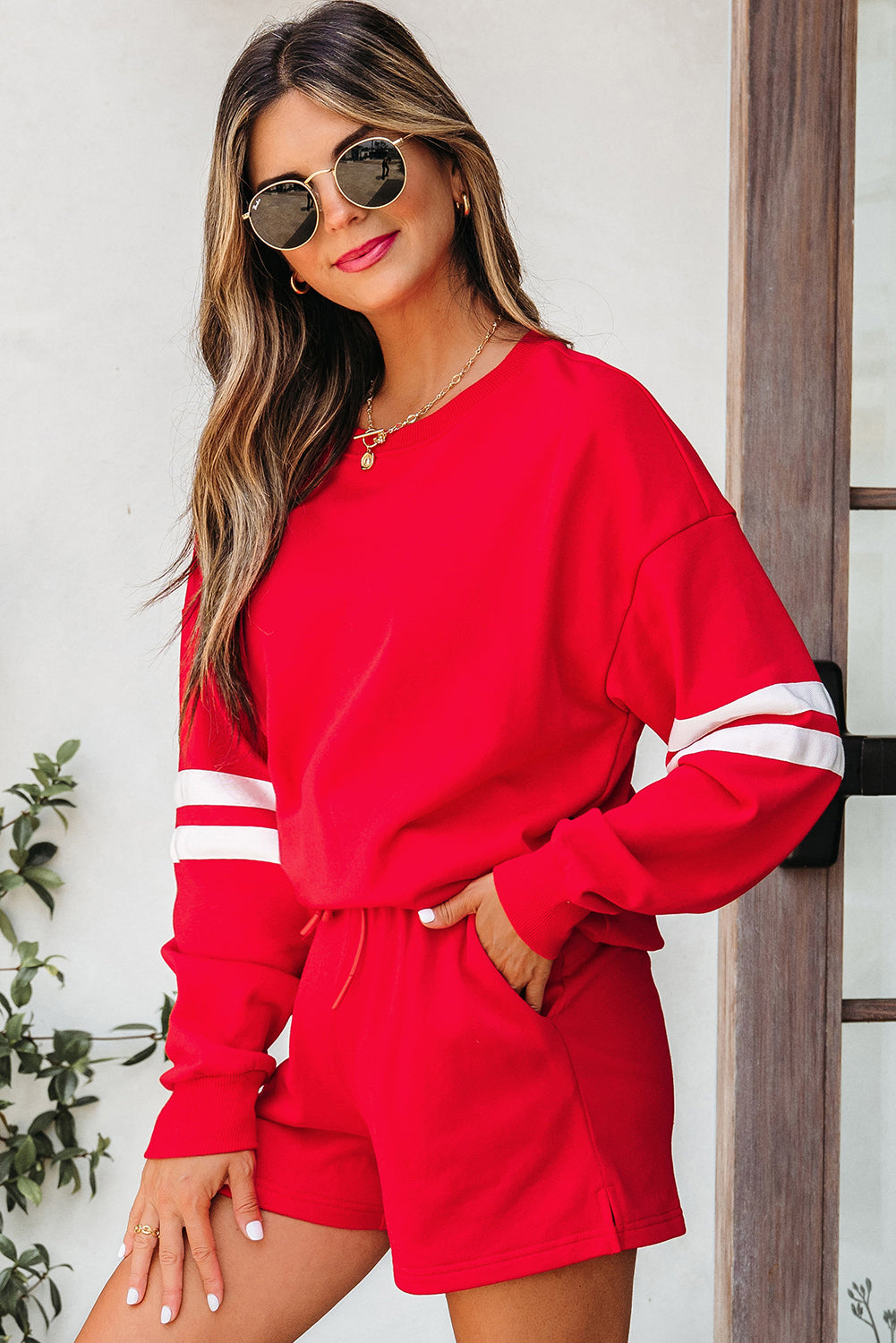 Varsity Striped Sleeve Drop Shoulder Sweatshirt and Short Set