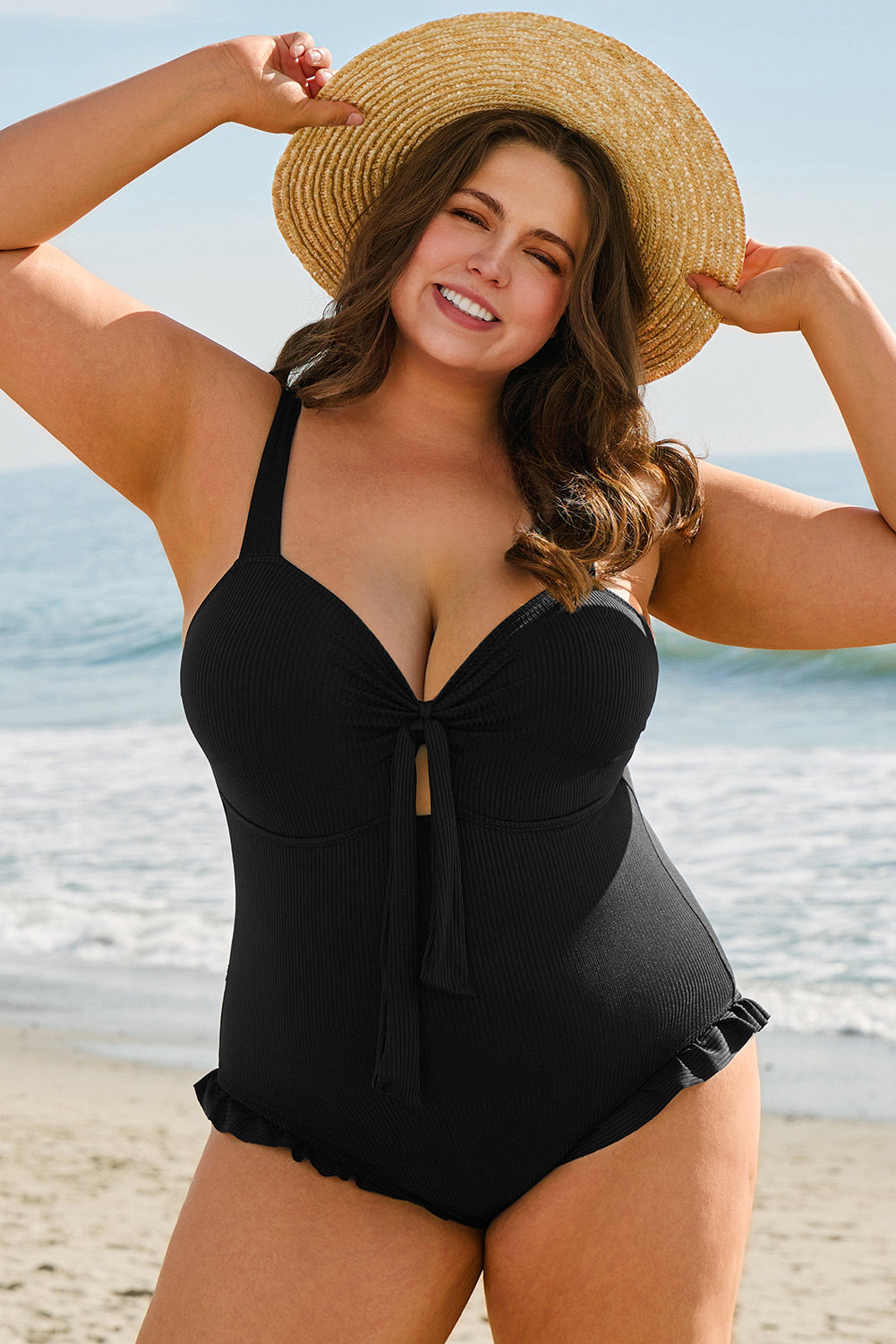 Plus Size Textured Knotted Ruffled Trim One Piece Swimwear