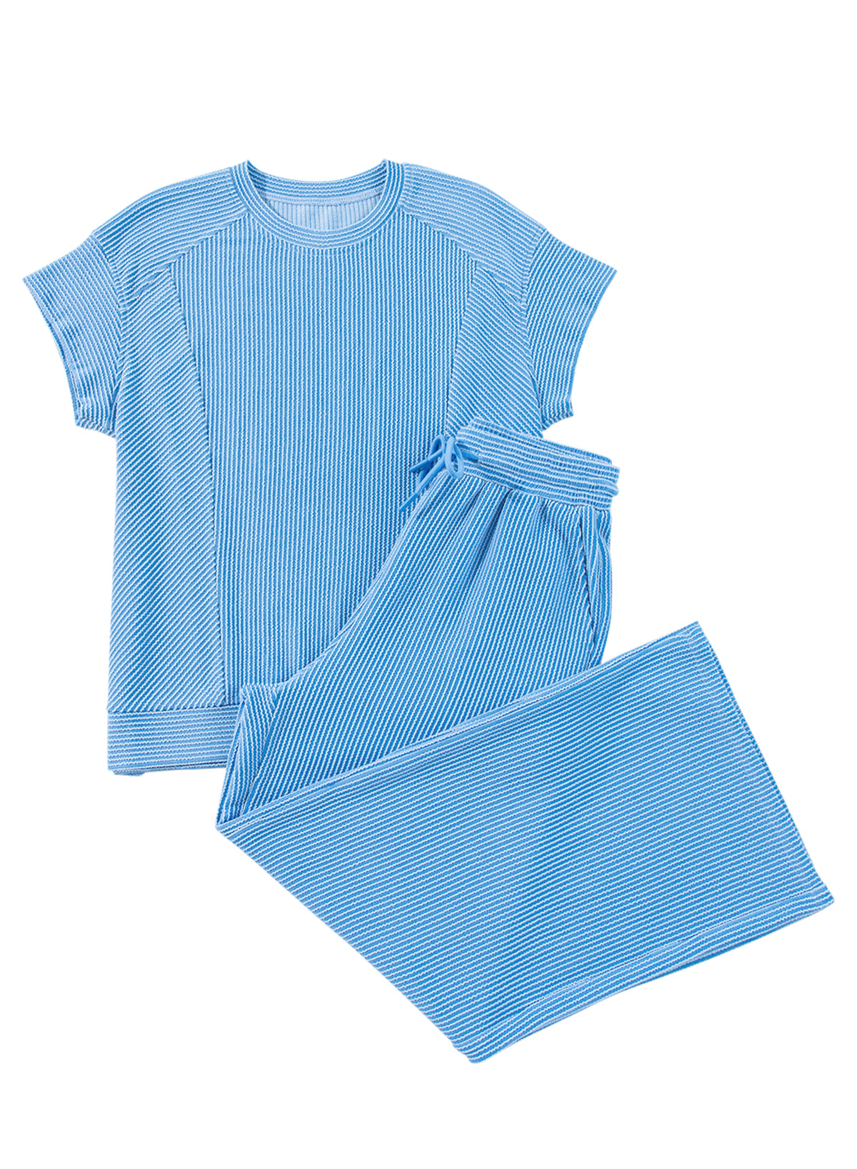 Solid Corded Knit Short Sleeve T Shirt and Wide Leg Pants Set