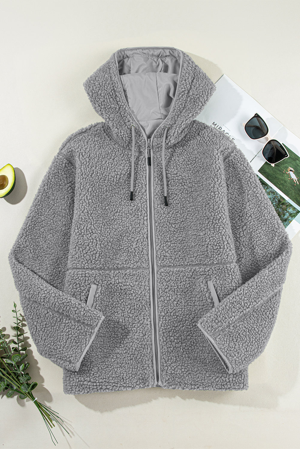 Fleece Zip Up Drawstring Hooded Pocketed Jacket