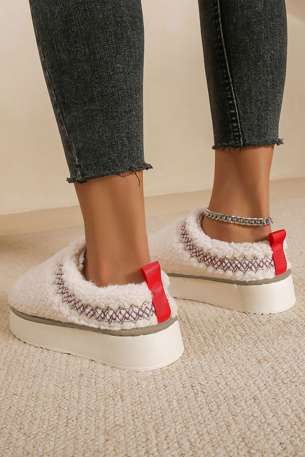 Embroidered Sherpa Plush Thick Sole Snow Boots