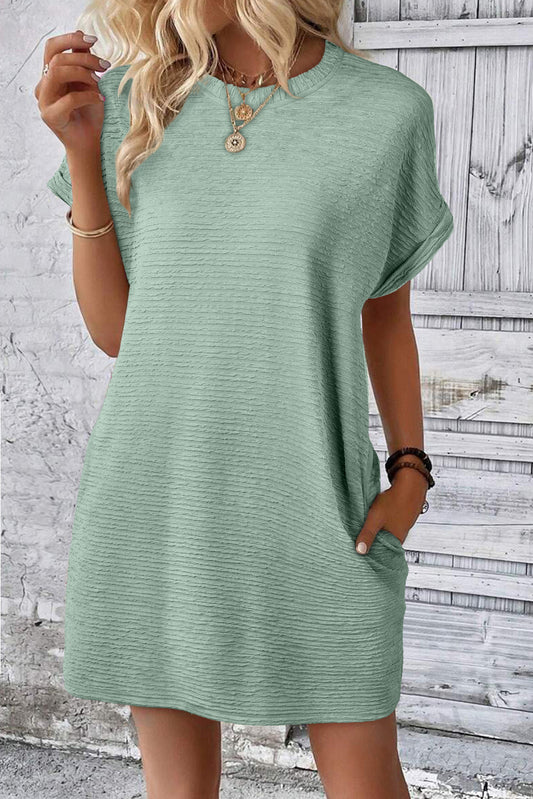 Solid Color Textured Crinkle Short Sleeve T Shirt Dress