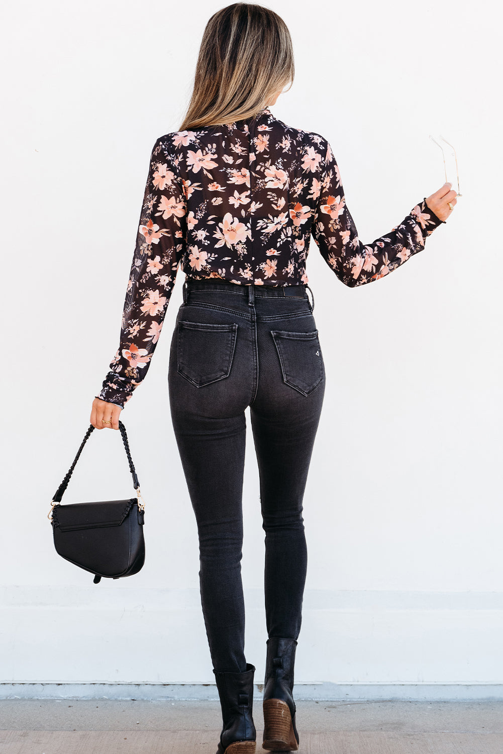 Floral Mesh Mock Neck Long Sleeve Slim Fit Top