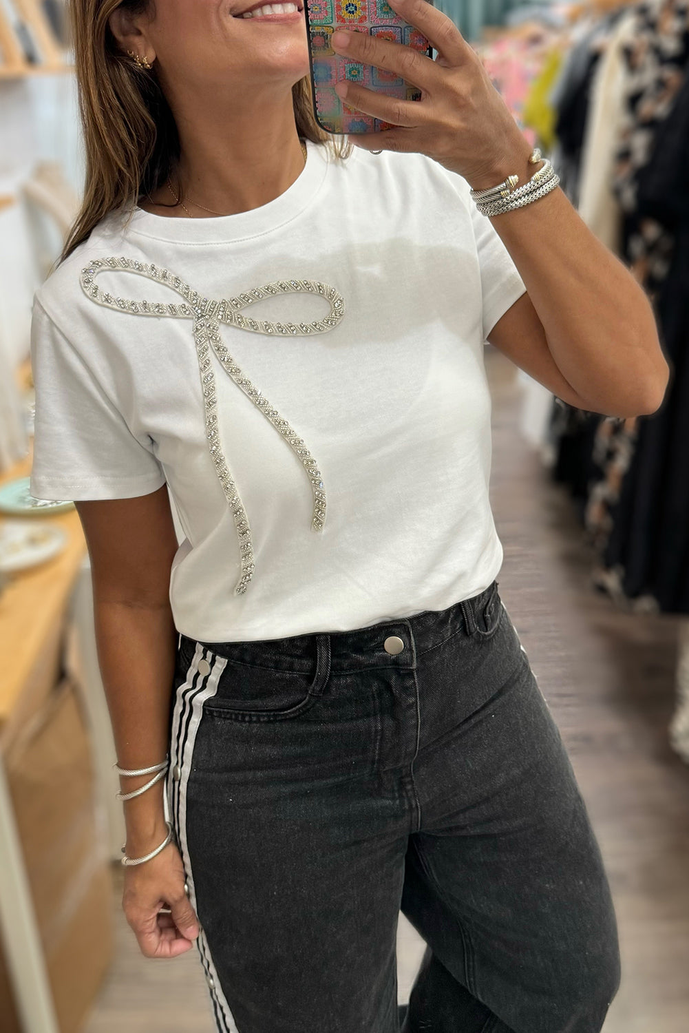 Rhinestone Bow Embellished Round Neck Tee
