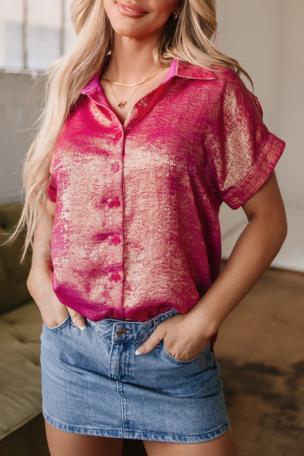 Metallic Sheen Short Sleeve Buttoned Front Casual Shirt