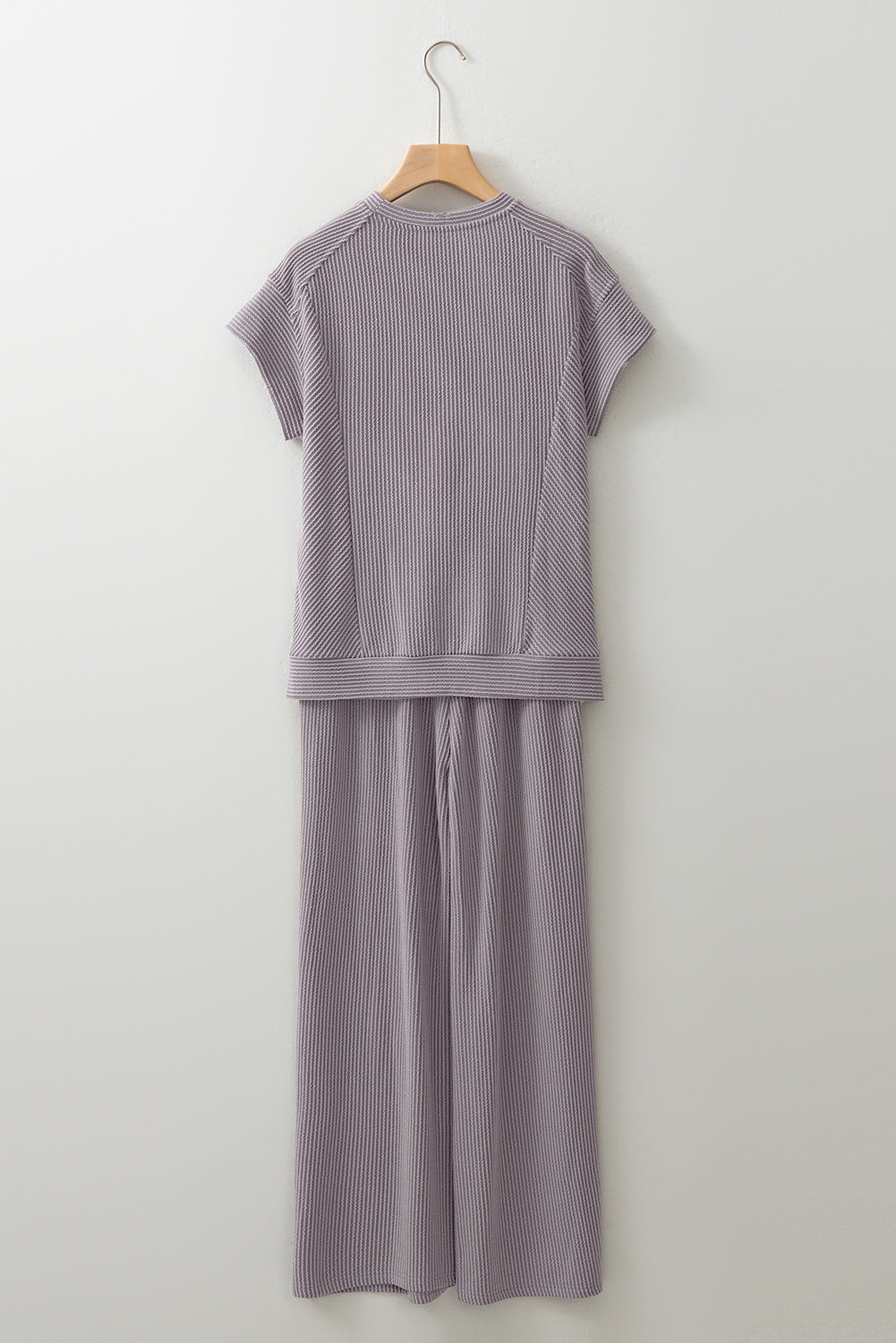 Solid Corded Knit Short Sleeve T Shirt and Wide Leg Pants Set