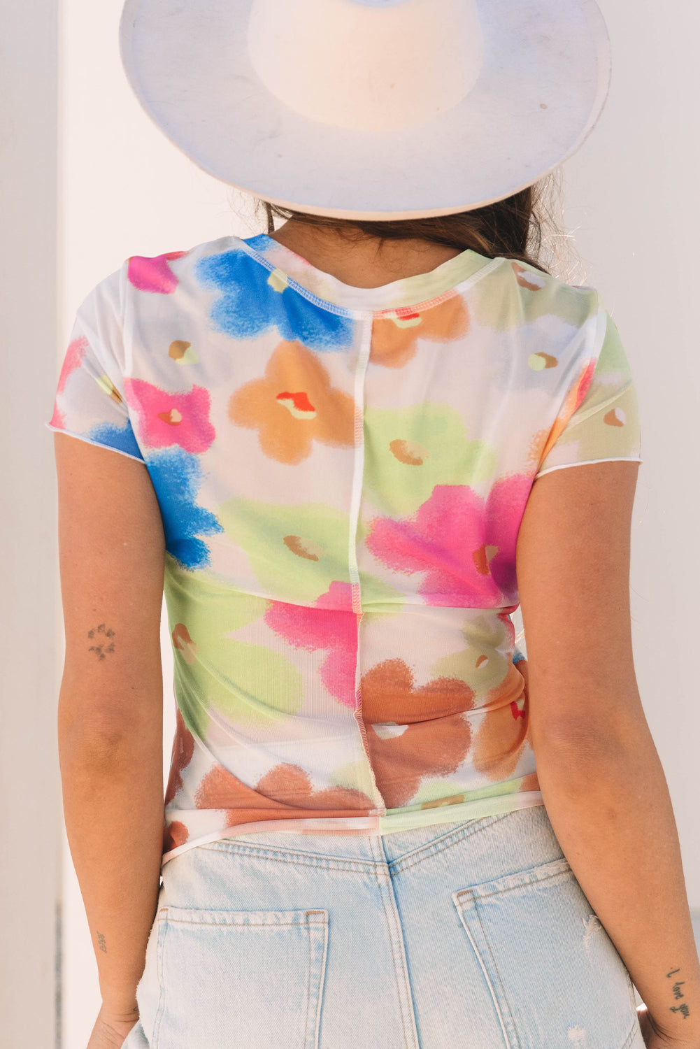 Floral Mesh Lettuce Trim Cropped T Shirt