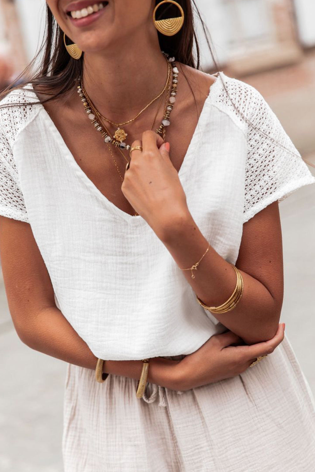 Lace Crochet Textured Button Back V Neck T Shirt