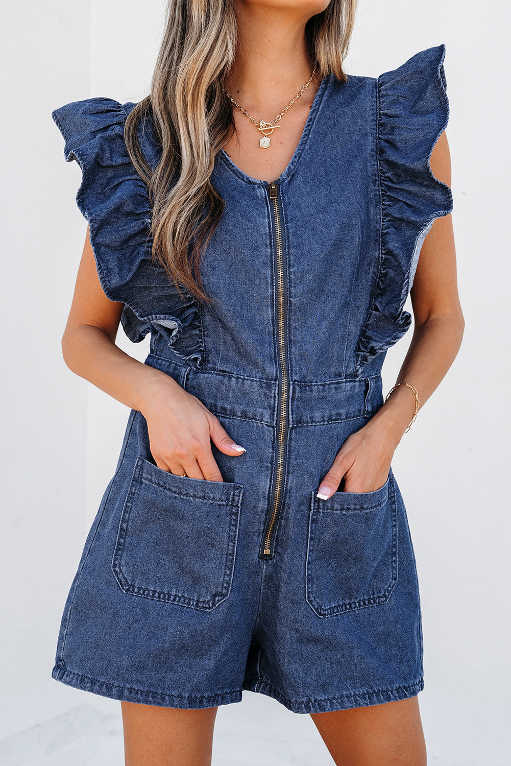 Denim Ruffled Zipped Front Belted Romper