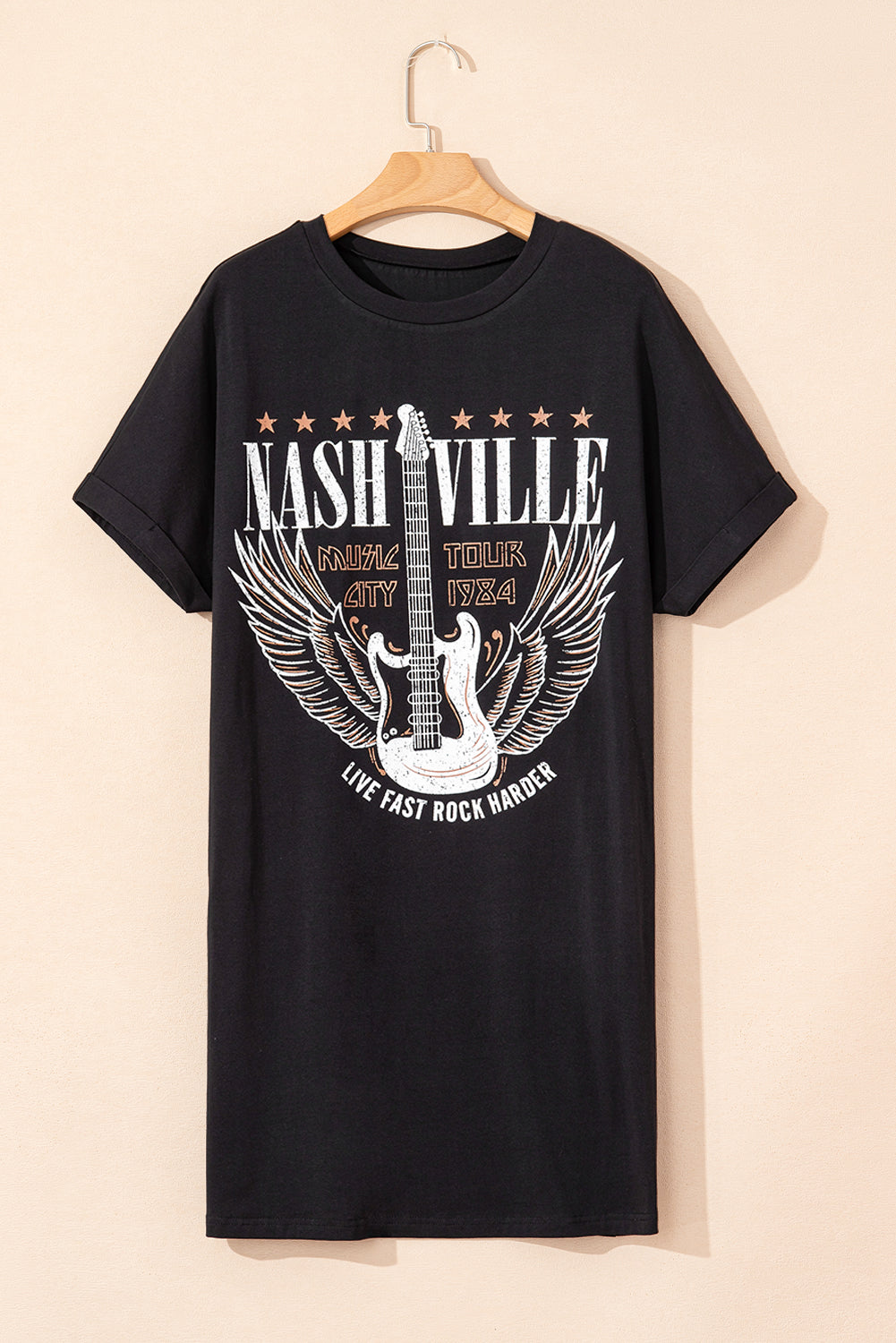 Nashville Guitar Print Crew Neck T Shirt Mini Dress