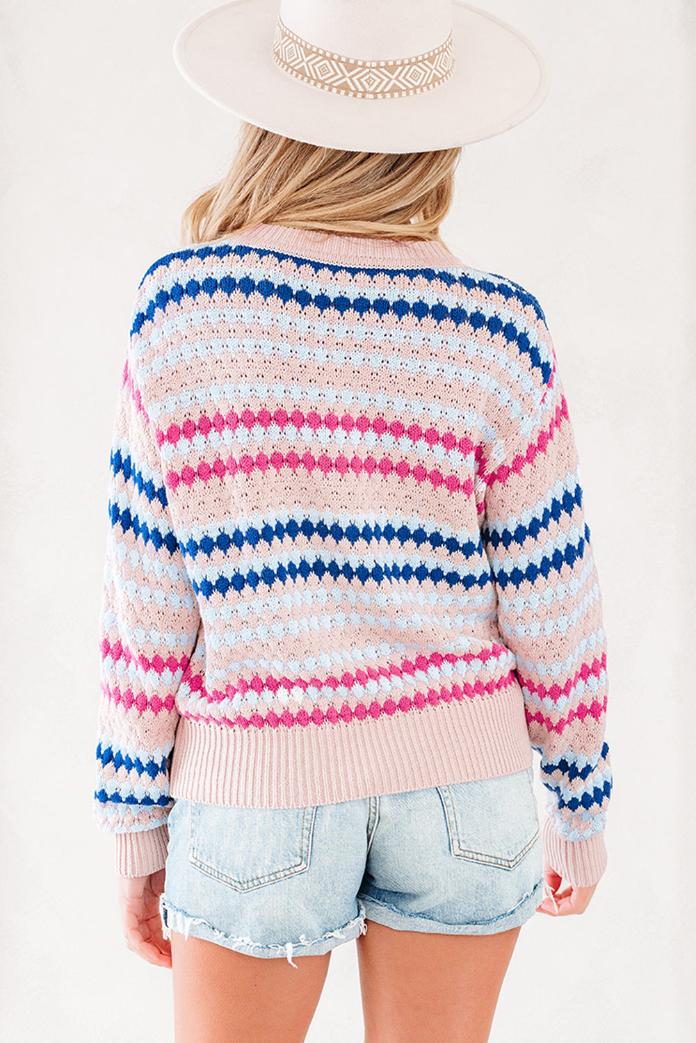 Stripe Eyelet Patterned Drop Shoulder Sweater