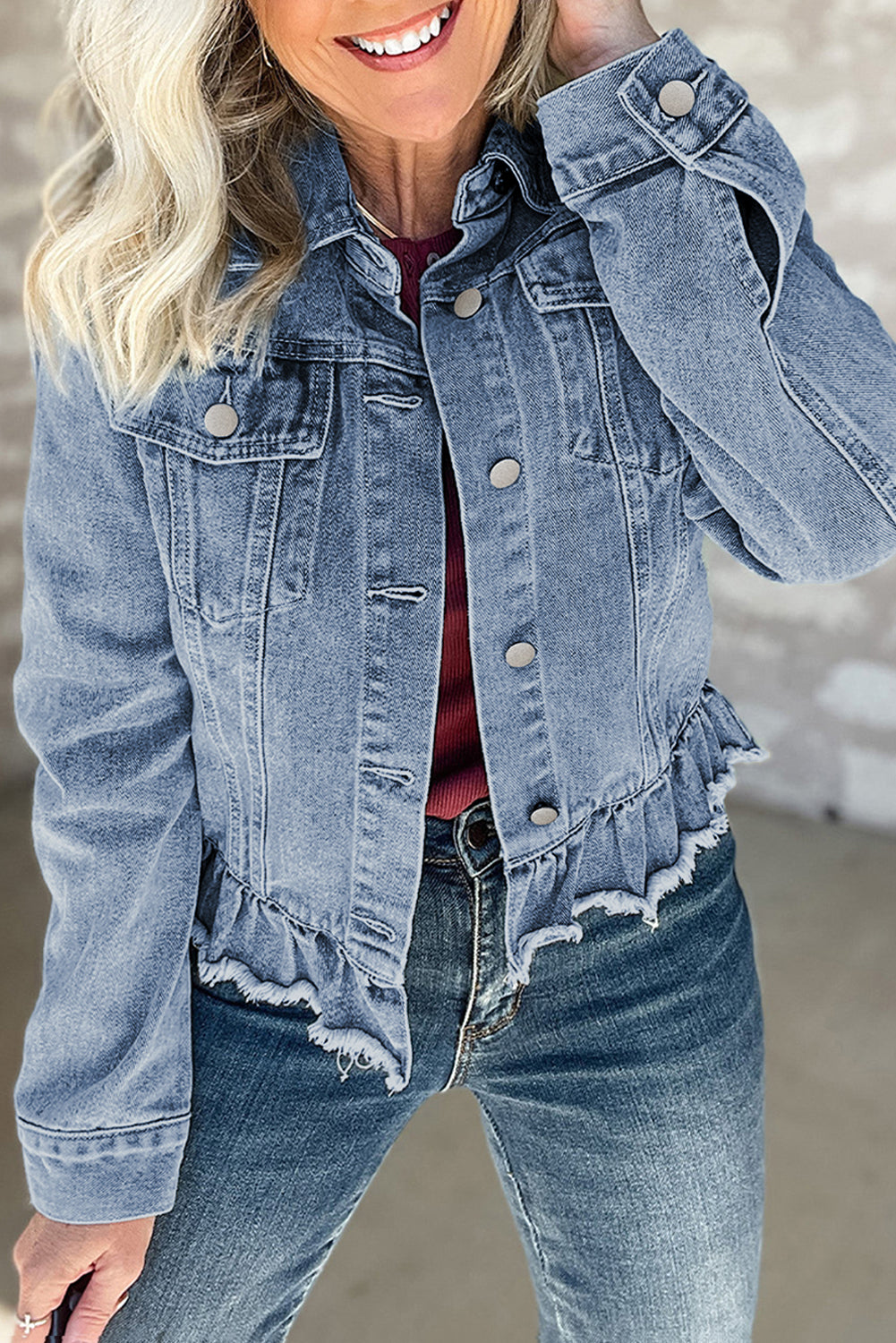 Ruffle Raw Hem Flap Pockets Denim Jacket