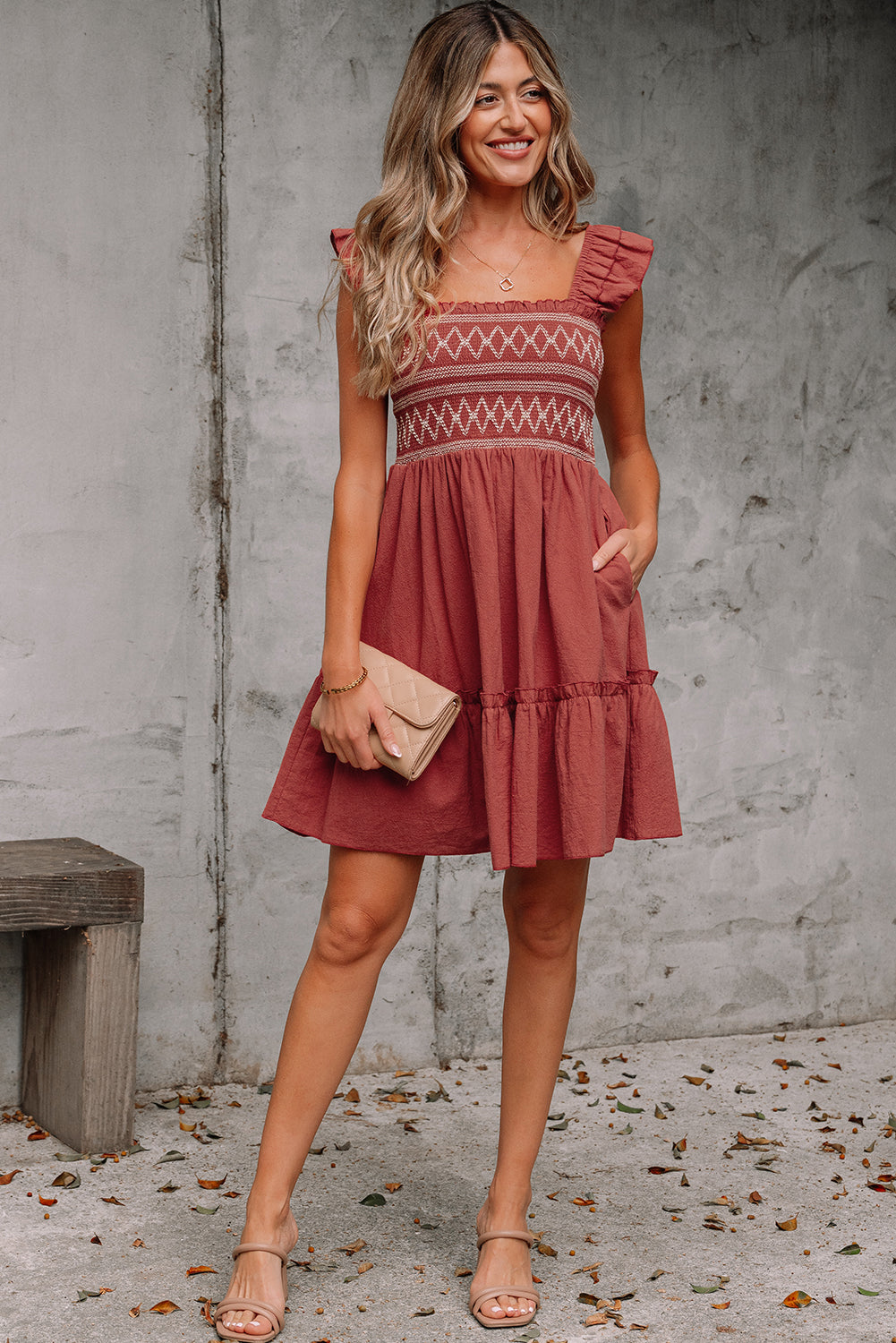Geometric Stitch Shirred Bodice Ruffled Trim Sleeveless Mini Dress