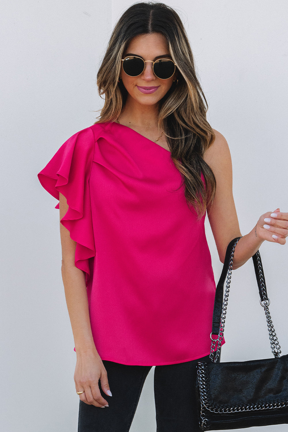 Asymmetric Shoulder Ruffle Sleeve Elegant Blouse