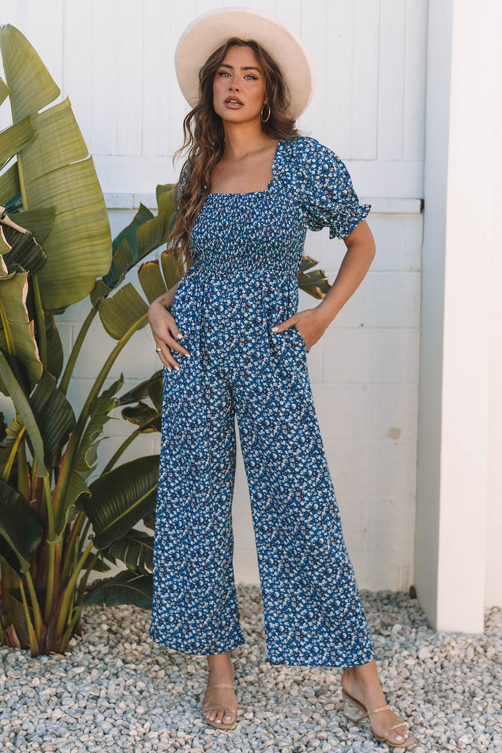 Vintage Boho Floral Smocked Short Puff Sleeve Wide Leg Jumpsuit