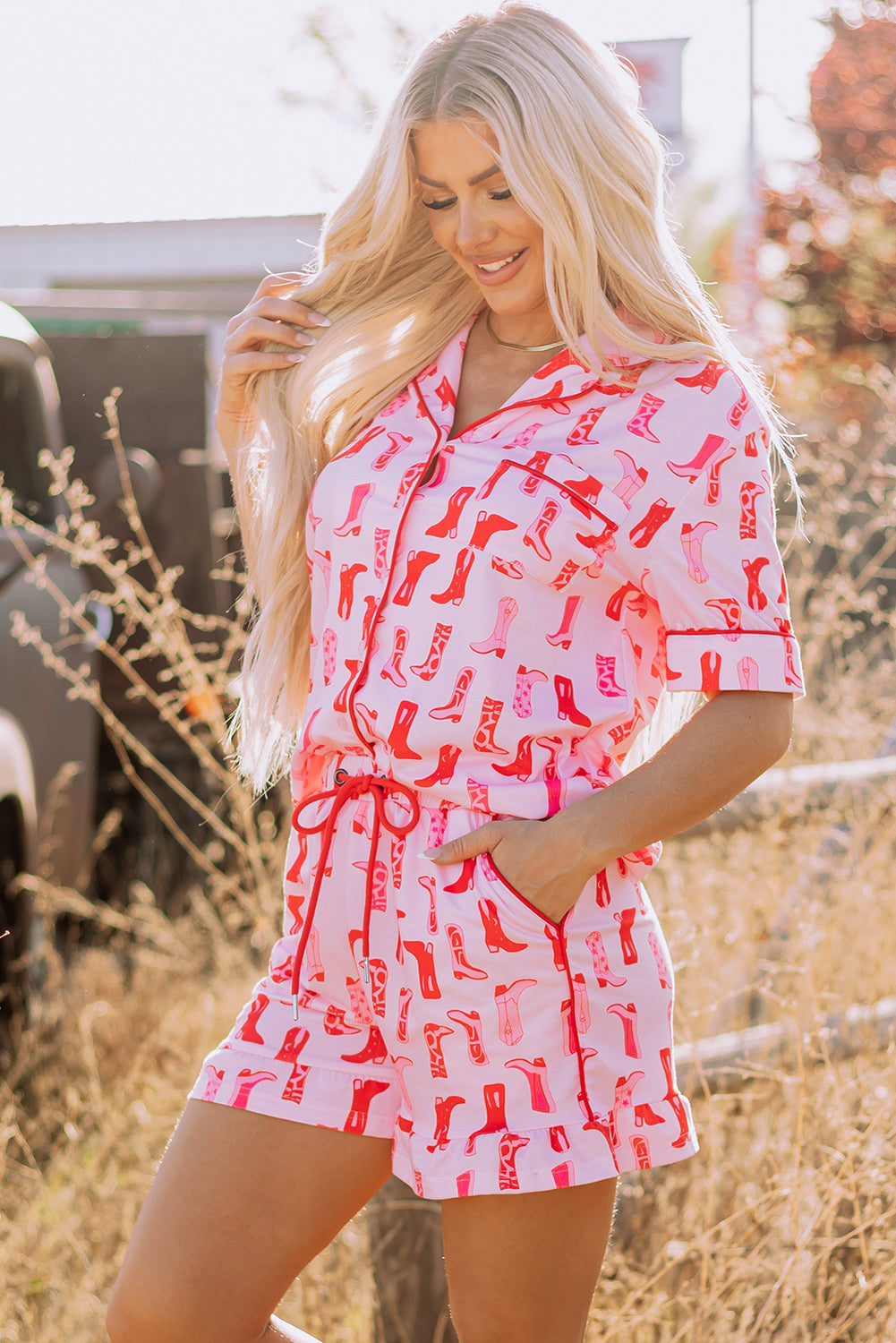 Western Cowgirl Boots Printed Shirt Ruffled Shorts Pajama Set