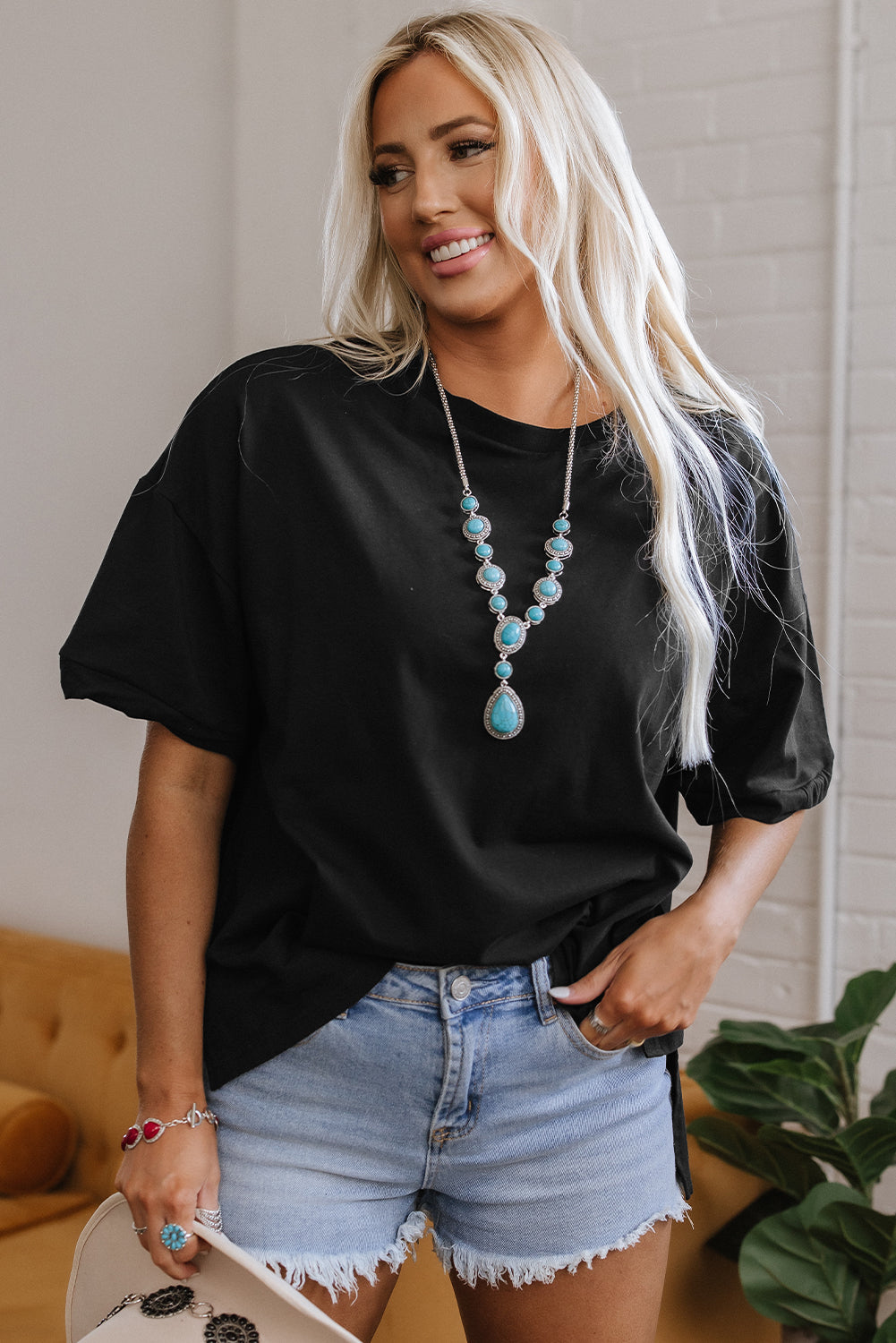 Loose Half Sleeve Hi Low Hem T Shirt