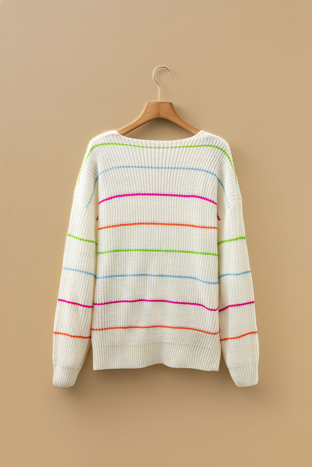 Colorful Striped Detail V Neck Drop Shoulder Baggy Sweater