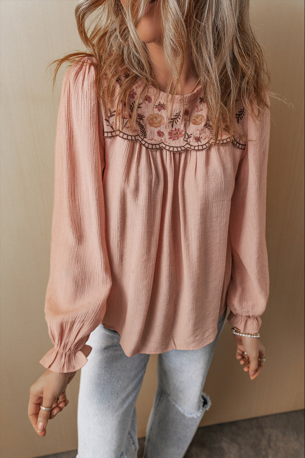 Floral Embroidered Textured Flounce Sleeve Elegant Blouse