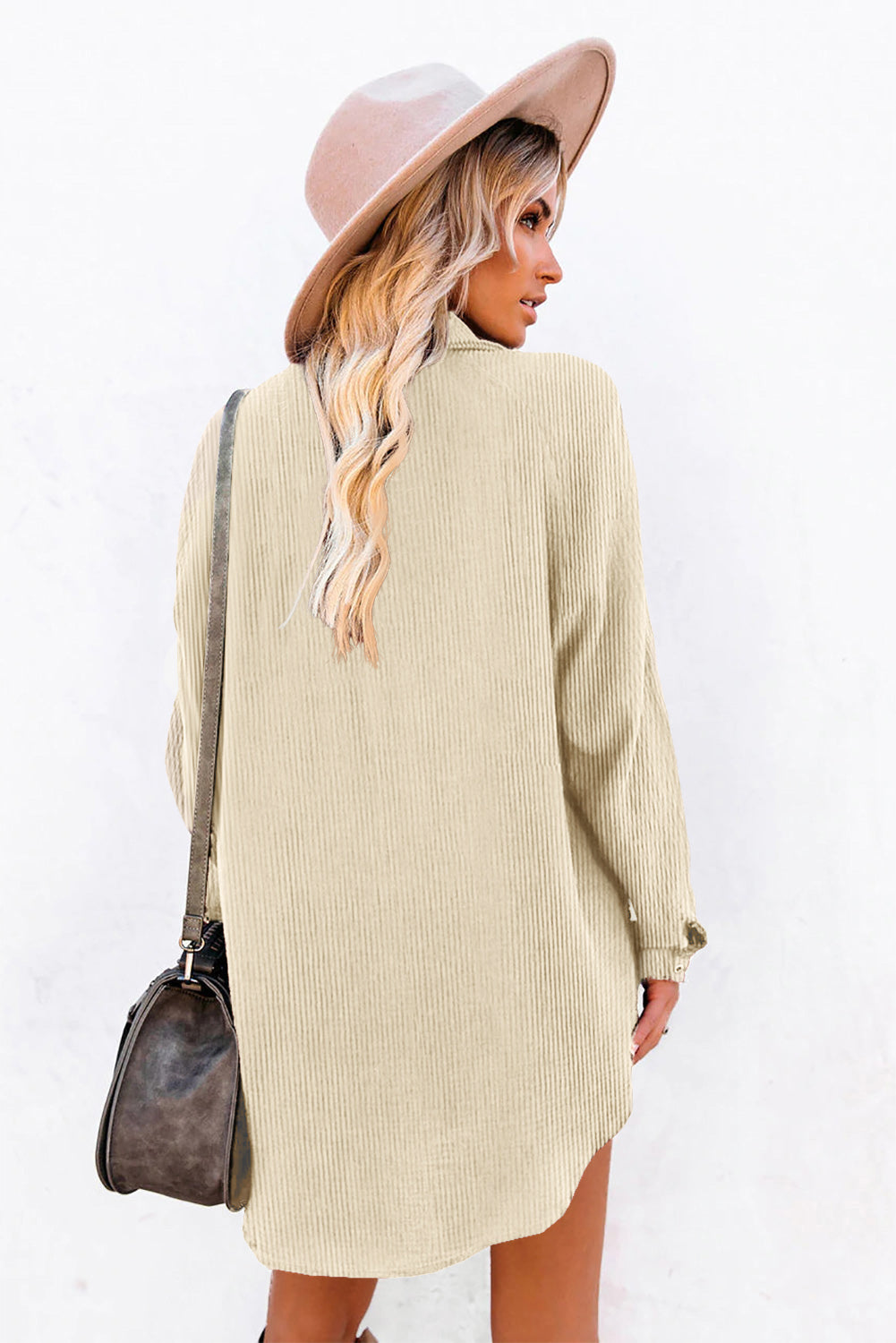 Corduroy Shirt Style Full Button Long Sleeve Shift Mini Dress