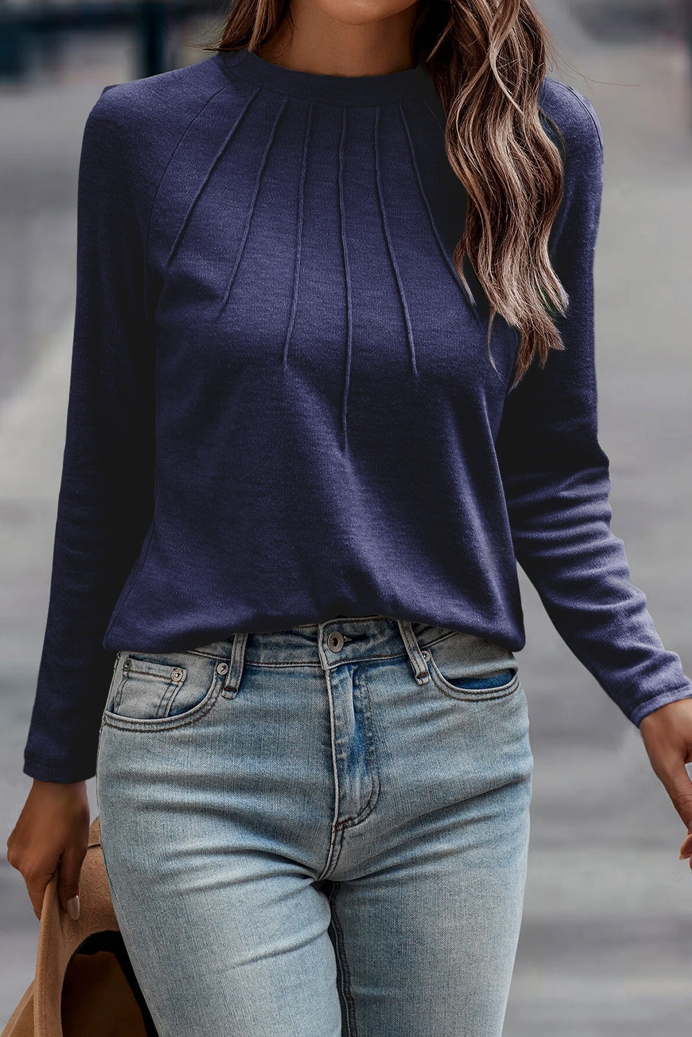 Solid Color Seam Detail Raglan Long Sleeve Top