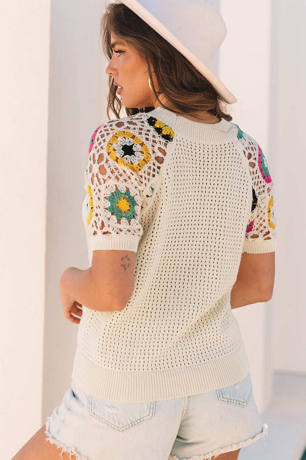 Hollow Out Floral Crochet Short Sleeve Crewneck Sweater