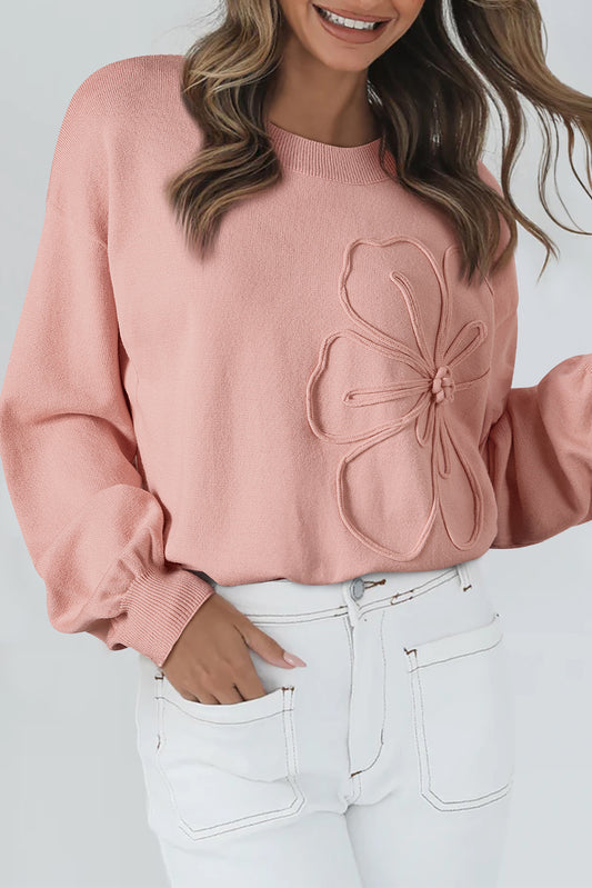 Big Flower Accent Bubble Sleeve Drop Shoulder Sweater