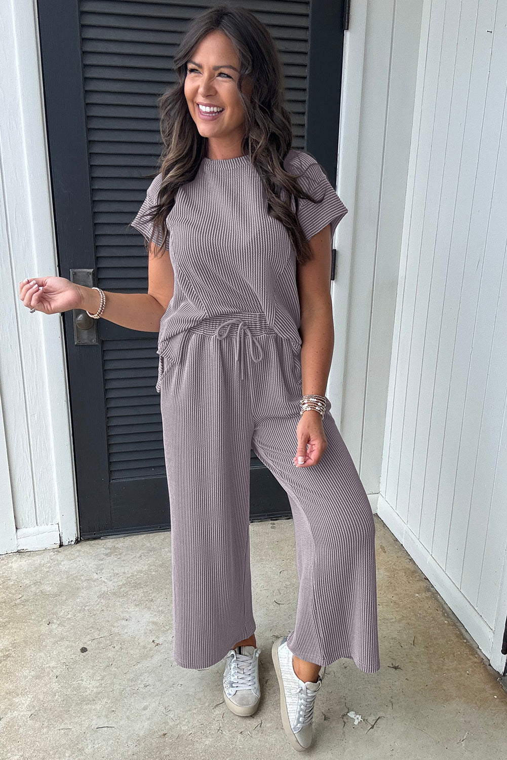 Solid Corded Knit Short Sleeve T Shirt and Wide Leg Pants Set