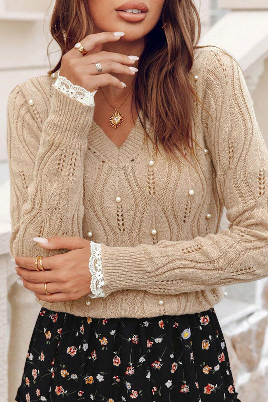 Pearl Beaded Pointelle Knit V Neck Lace Patchwork Sleeve Sweater