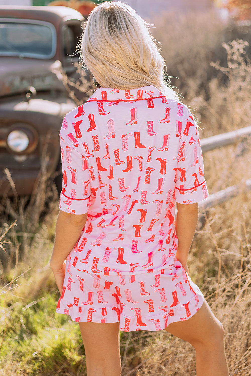 Western Cowgirl Boots Printed Shirt Ruffled Shorts Pajama Set