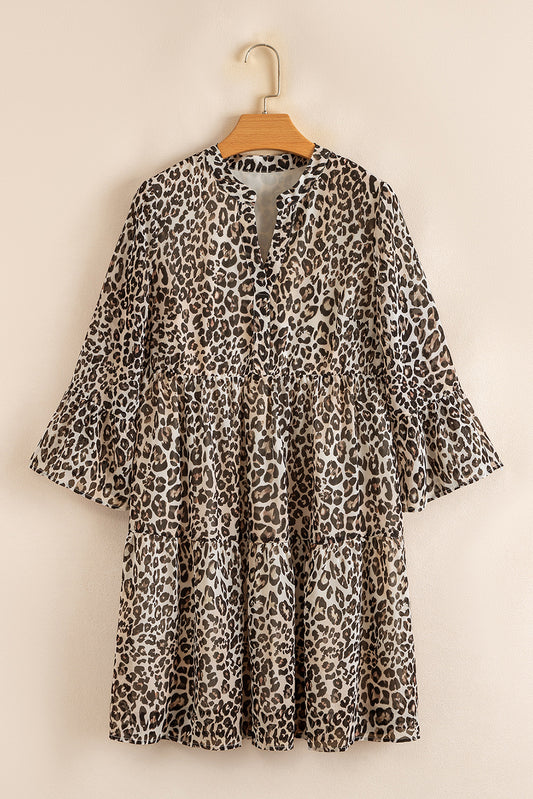 Leopard 3/4 Sleeve V Neck Swing Dress