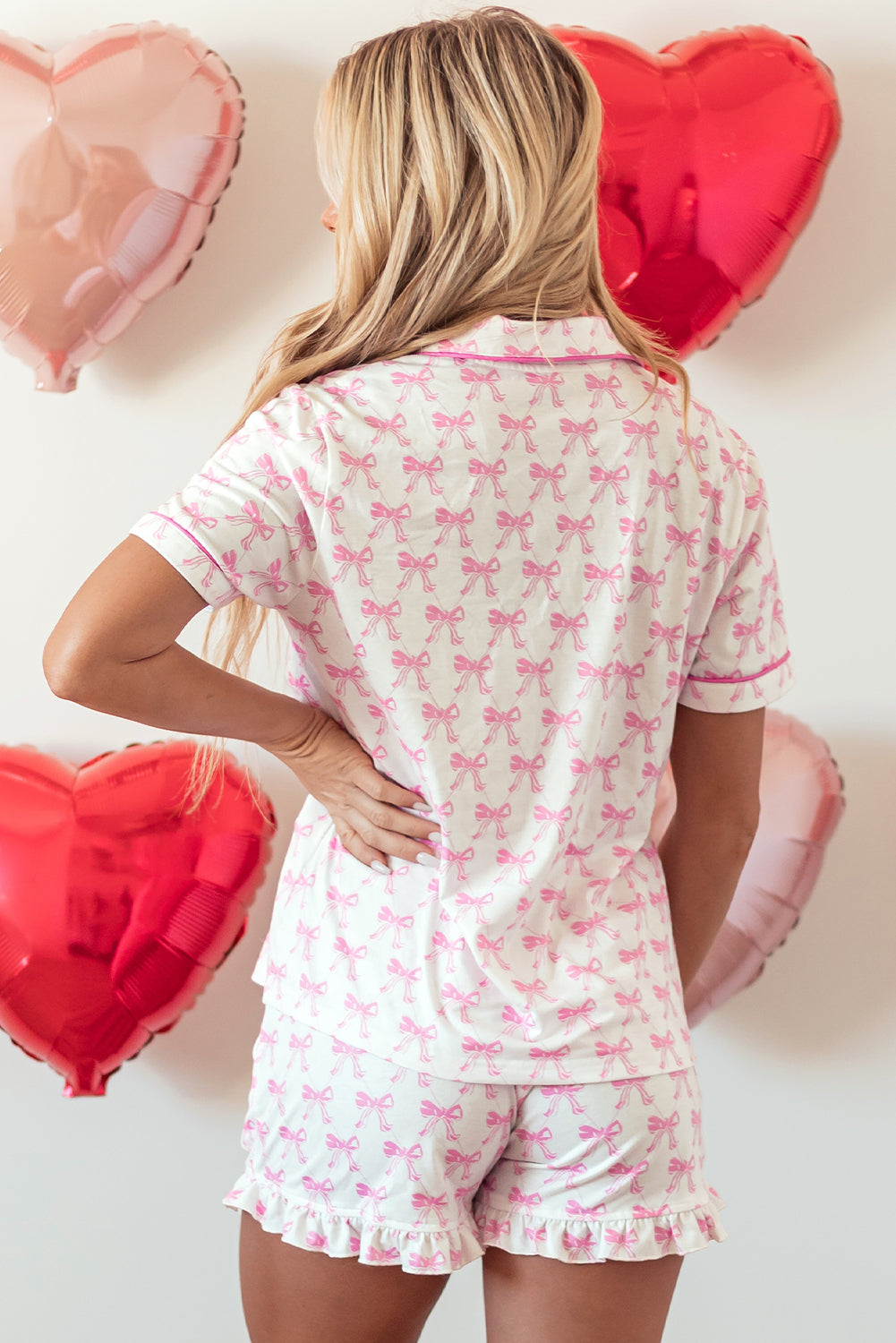 Bowknot Printed Short Sleeve and Ruffled Shorts Valentines Pajama Set