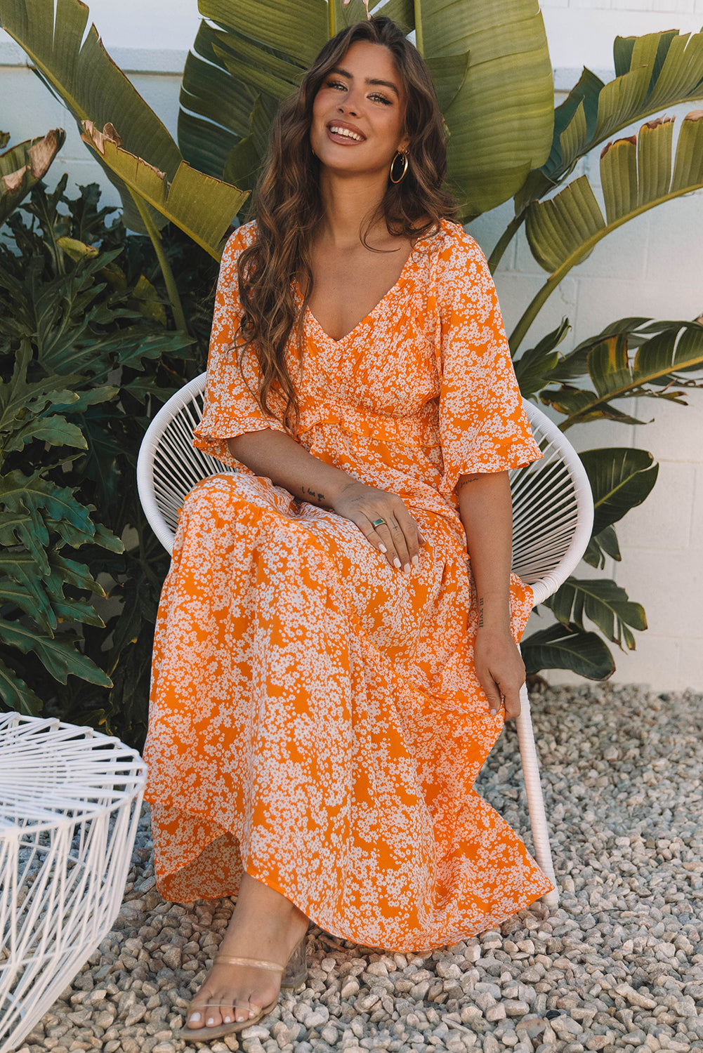 Floral Print Smocked V Neck Wide Sleeve Maxi Dress