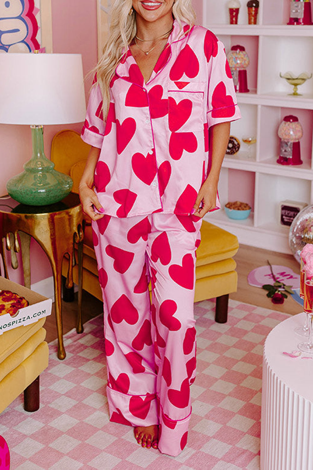 Classic Heart Valentines Short Sleeve Pants Pajamas Set