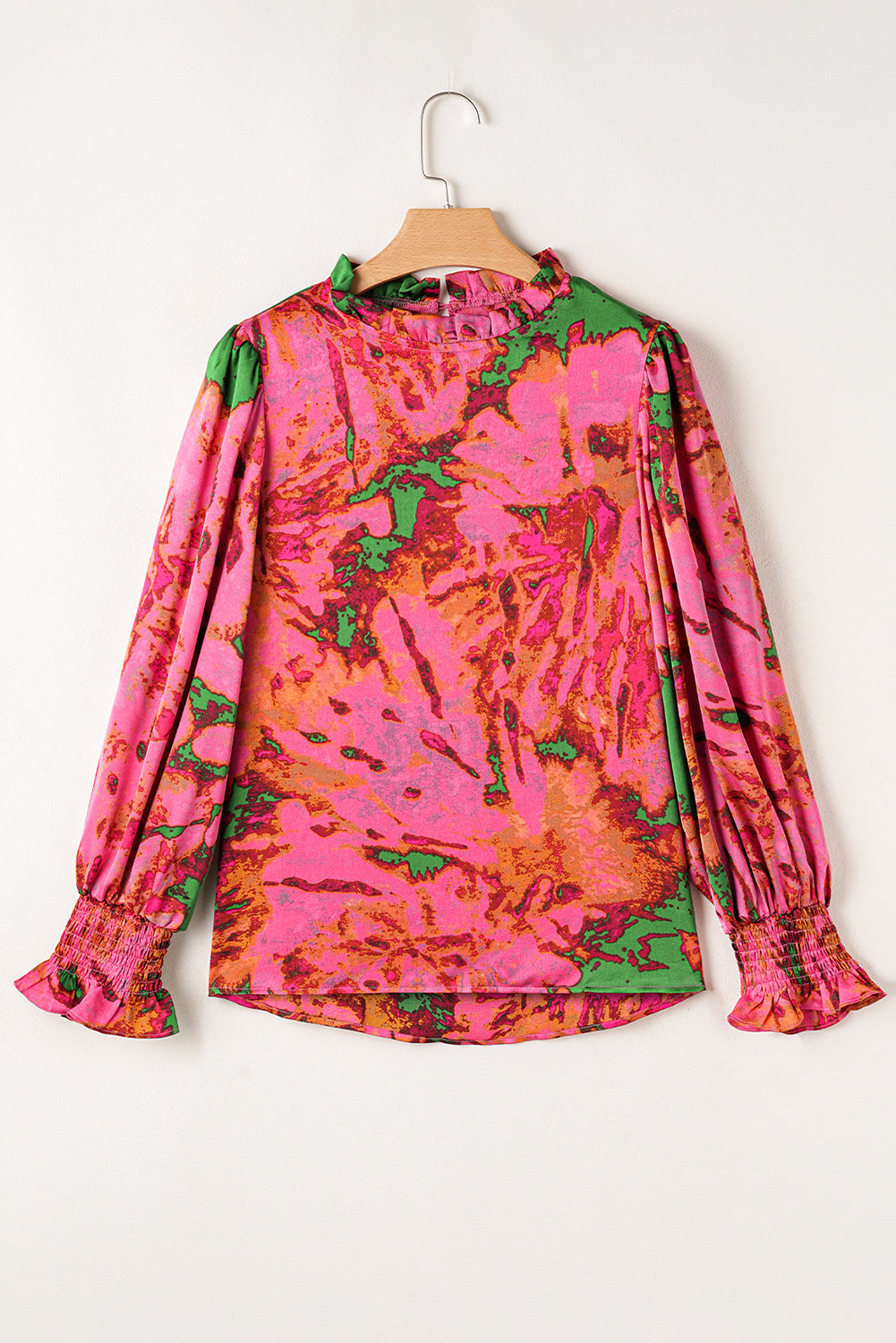 Abstract Print Frilly Neckline Puff Sleeve Blouse