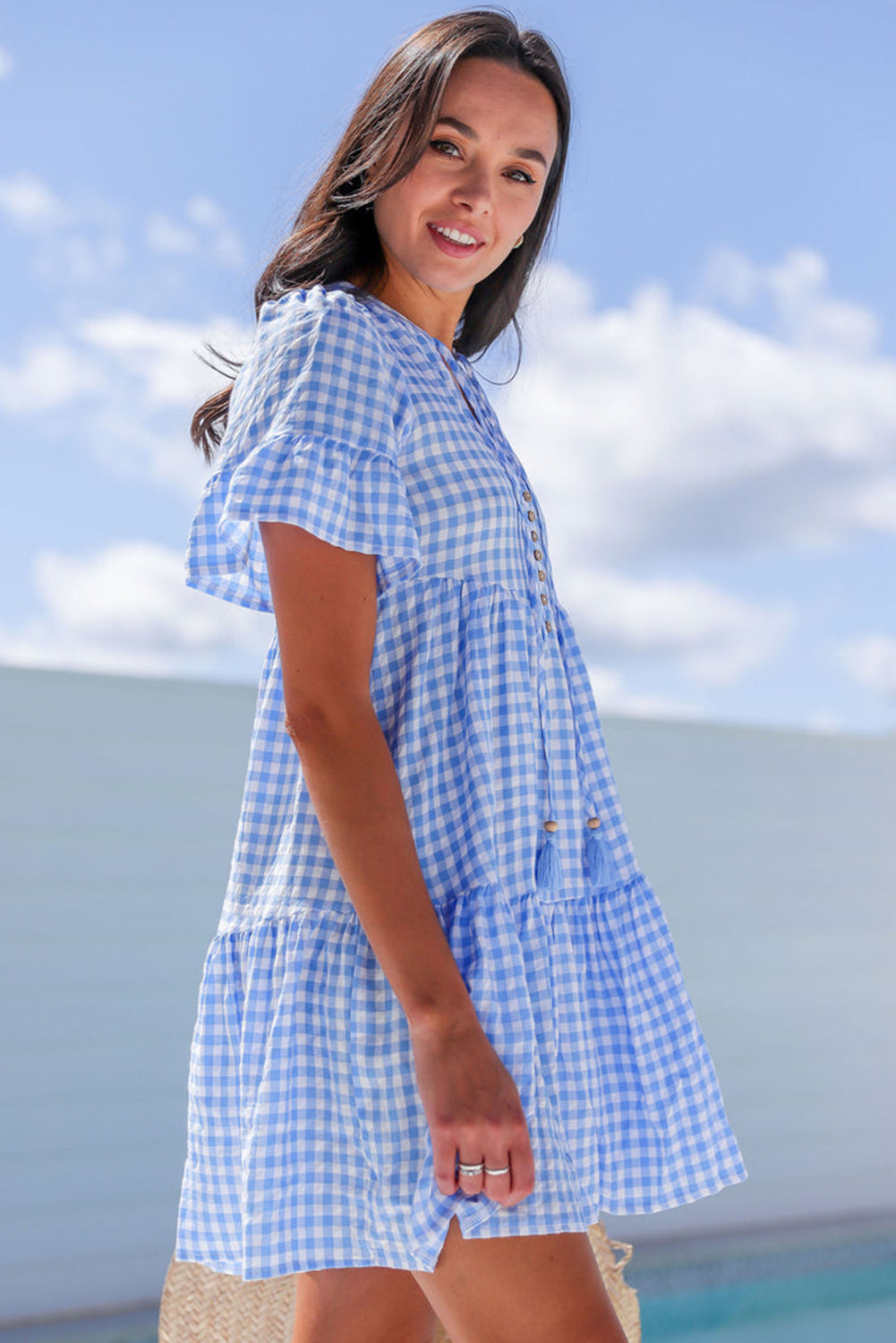 Gingham Short Sleeve Button Tie Split Neck Loose Mini Dress