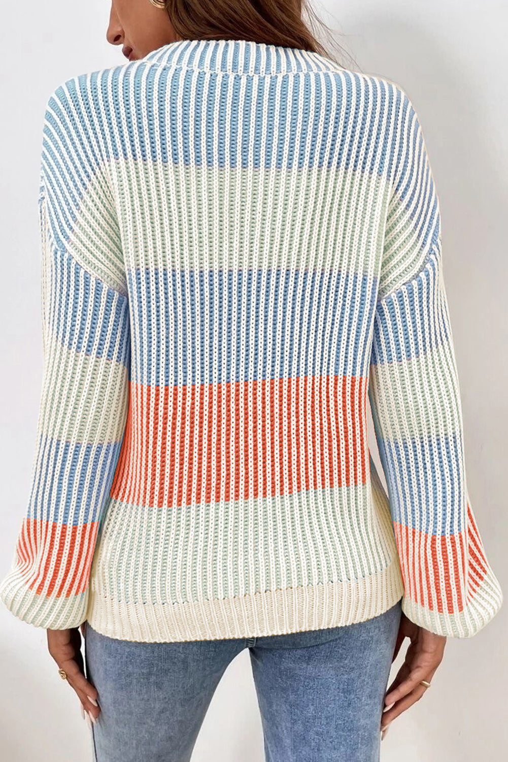 Colorblock Textured Knit Bubble Sleeve Sweater