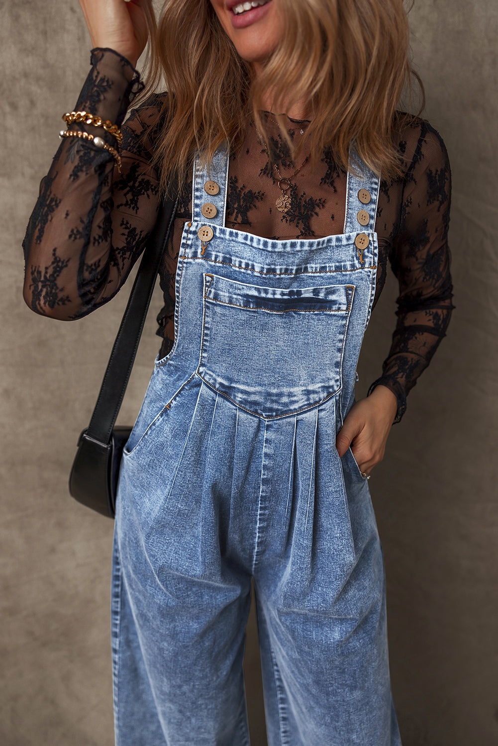 Mineral Wash Buttoned Straps Wide Leg Denim Overalls