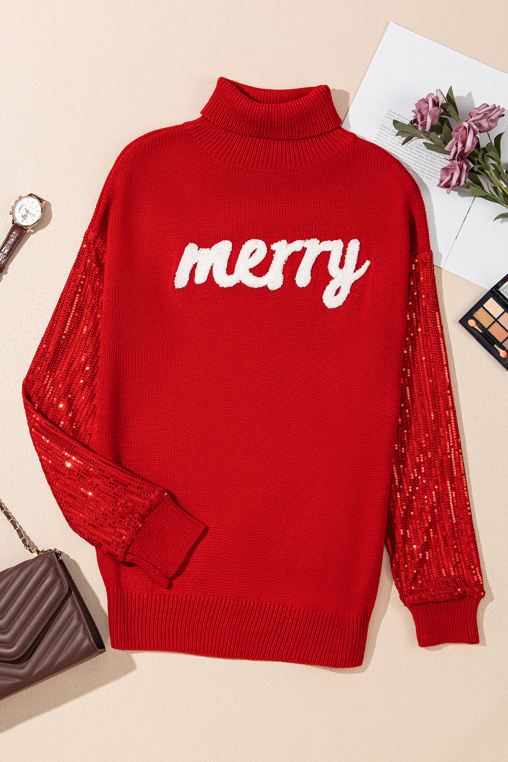 Merry Graphic Sequin Sleeves Christmas Turtleneck Sweater