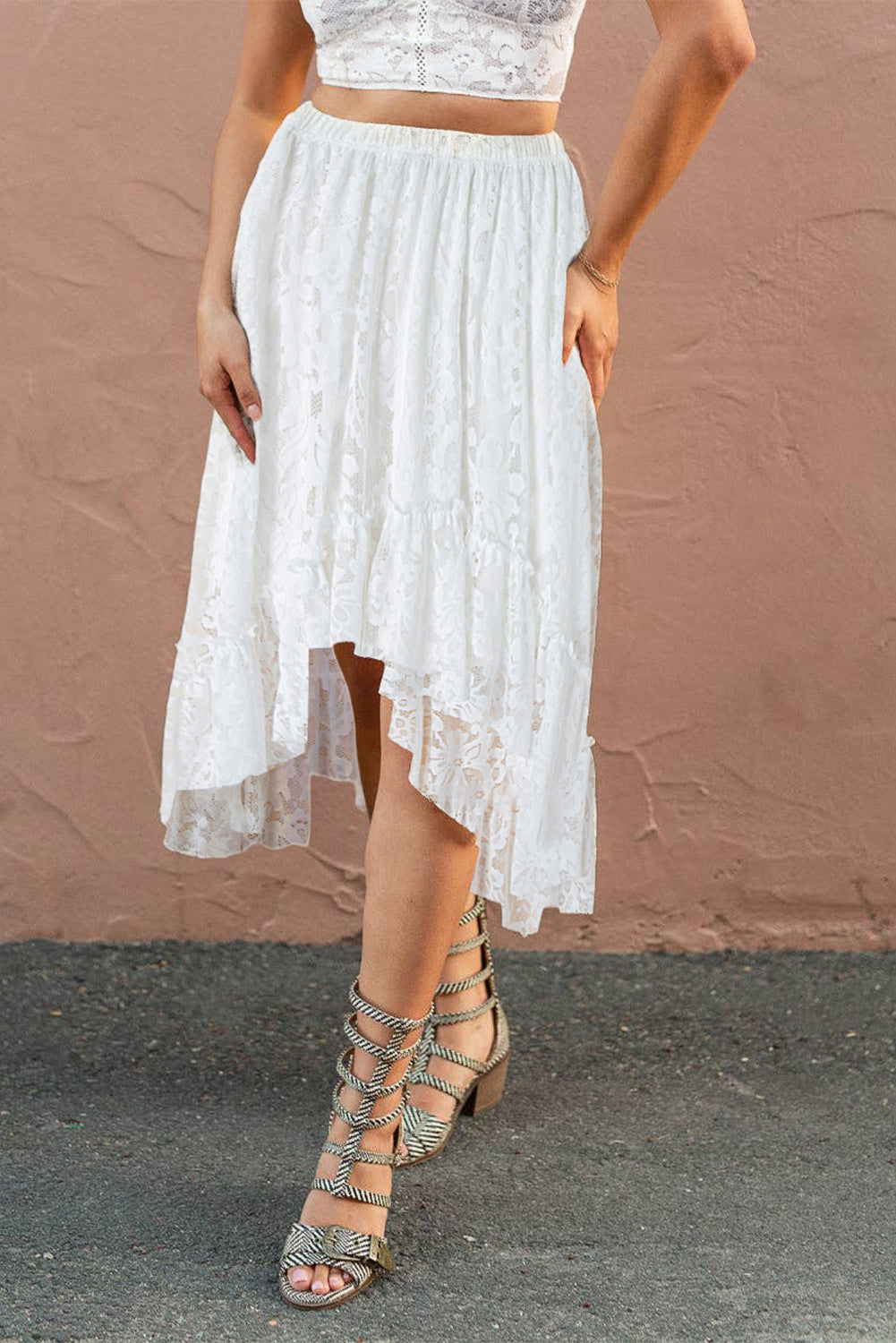 Lace Ruffled High-low Hem Midi Skirt