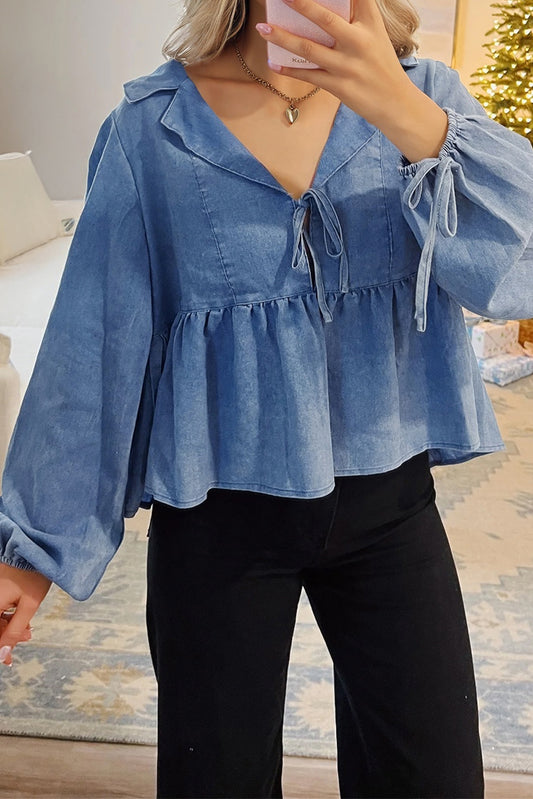 Denim Lapel Neck Balloon Sleeve Tied Peplum Top