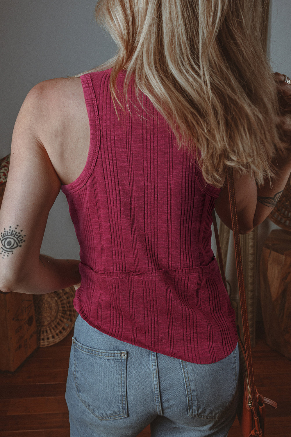 Ribbed Textured Exposed Stitching Knit Tank Top