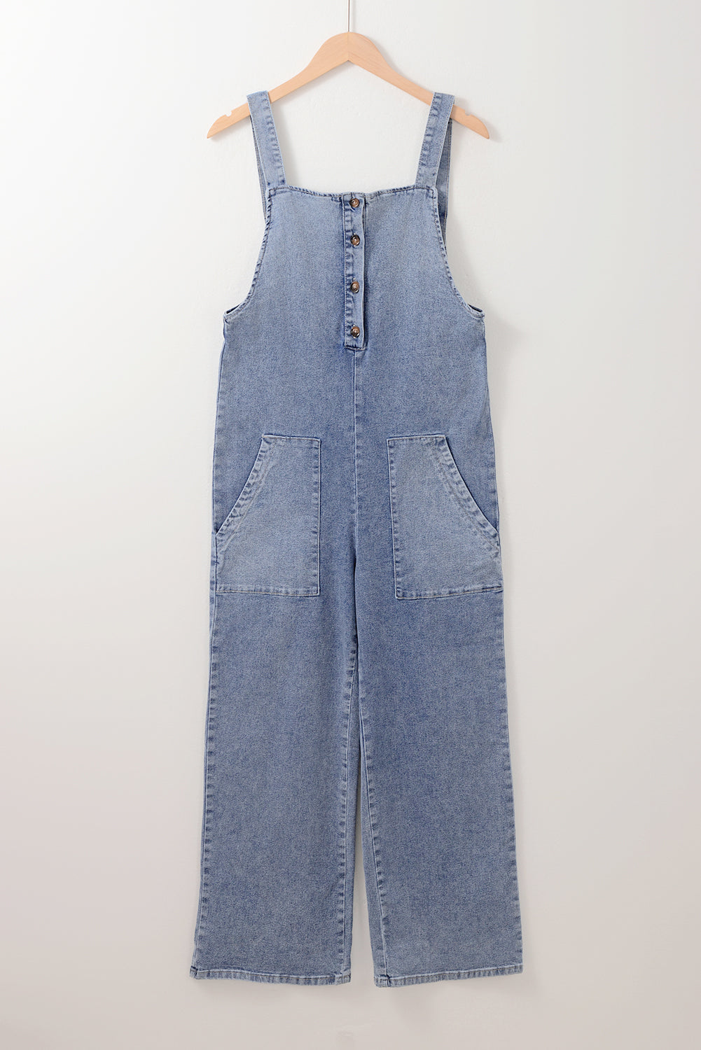 Washed Denim Half Buttons Patched Pocket Wide Leg Overalls