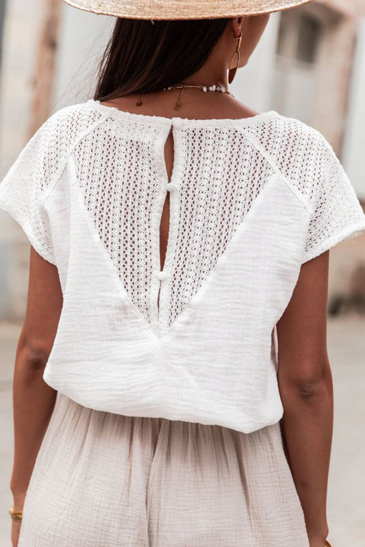 Lace Crochet Textured Button Back V Neck T Shirt