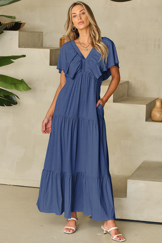 Textured V Neck Flutter Sleeve Ruffled Maxi Dress